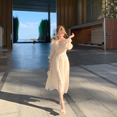 2025夏季 气质v领长袖 香槟色连衣裙长款 ByYou 收腰仙女裙 含吊带裙