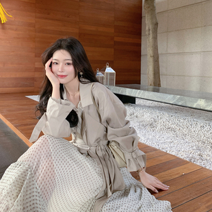英伦风卡其色翻领风衣外套女长款 新款 过膝气质收腰大衣 春季 ByYou
