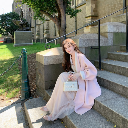 ByYou冬季粉色100纯羊毛双面羊绒呢子大衣女中长款不规则毛呢外套