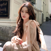 ByYou 温柔风粉色马海毛针织毛衣女蝴蝶结绑带露肩厚毛织上衣 冬季