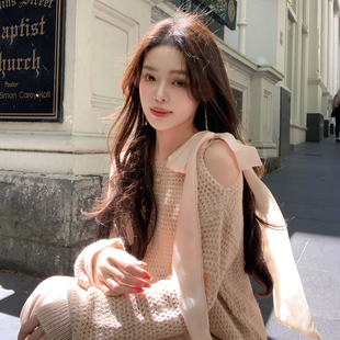 ByYou 冬季温柔风粉色马海毛针织毛衣女蝴蝶结绑带露肩厚毛织上衣