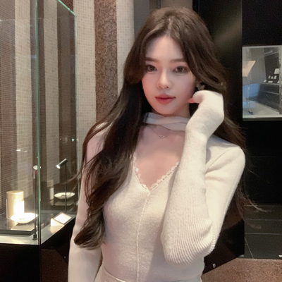 ByYou冬季新款软糯羊毛白色飘带V领针织衫女短款修身内搭打底毛衣