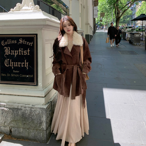 ByYou 冬季羊毛毛领麂皮绒皮毛一体皮草外套女中长款加厚收腰大衣