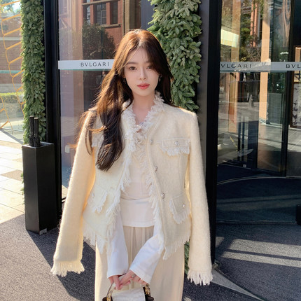 ByYou 冬季白鸭绒羽绒内胆60羊毛小香毛呢外套女短款加厚呢子大衣