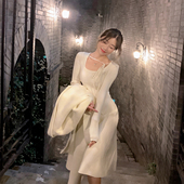 ByYou 内搭打底毛衣裙子 中长款 秋季 温柔白色针织连衣裙女高腰修身