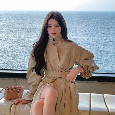 ByYou 秋冬新款休闲浅灰色收腰立领风衣外套女中长款宽松气质大衣