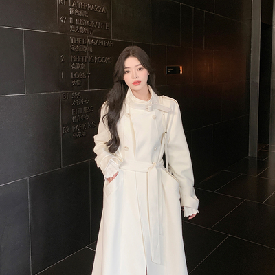 ByYou 冬季新款气质立领白色羊毛呢子大衣女中长款双排扣毛呢外套