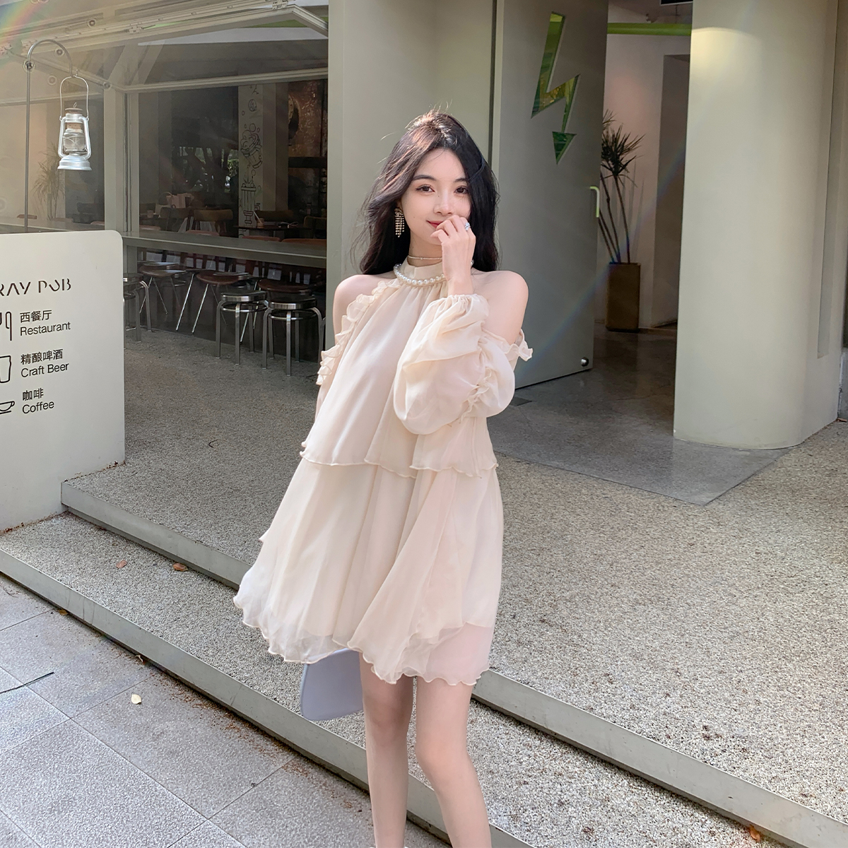 ByYou 夏季法式高级露肩泡泡袖无袖挂脖连衣裙宽松短款娃娃仙女裙