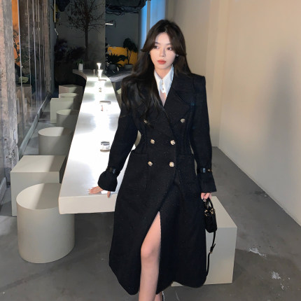 ByYou 冬季新款黑色银丝羊毛毛呢西装外套女长款加厚收腰呢子大衣