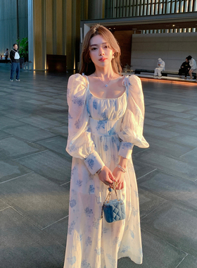 ByYou 夏季新款法式方领泡泡袖蓝色碎花天丝连衣裙长款收腰仙女裙