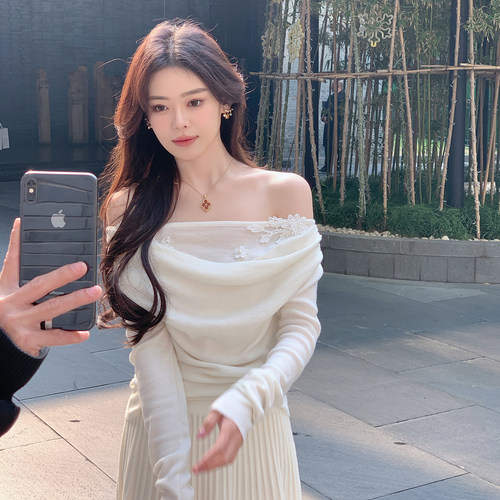 ByYou 春季白色蕾丝花边荡领一字肩羊毛针织衫女内搭打底露肩上衣