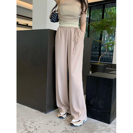 ByYou 2025新款垂感绑带高腰阔腿裤女小个子薄款宽松直筒休闲长裤