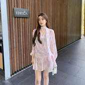 ByYou v领雪纺紫色碎花连衣裙荷叶边裙摆印花短裙 灯笼袖 夏季 新款