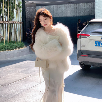 ByYou 冬季进口狐狸毛白色皮毛一体皮草外套女短款加厚毛茸茸大衣