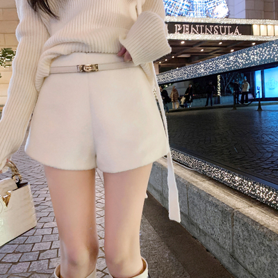 ByYou冬季高级感白色加厚羊毛毛呢短裤女外穿高腰a字热裤显瘦靴裤
