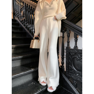 女高腰拖地休闲长裤 ByYou 加厚加绒白色水貂毛针织阔腿裤 新款 冬季