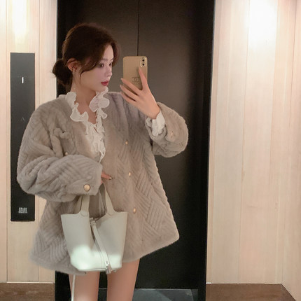 ByYou 冬季洋气灰色小香环保皮草外套女短款加厚皮毛一体毛毛大衣