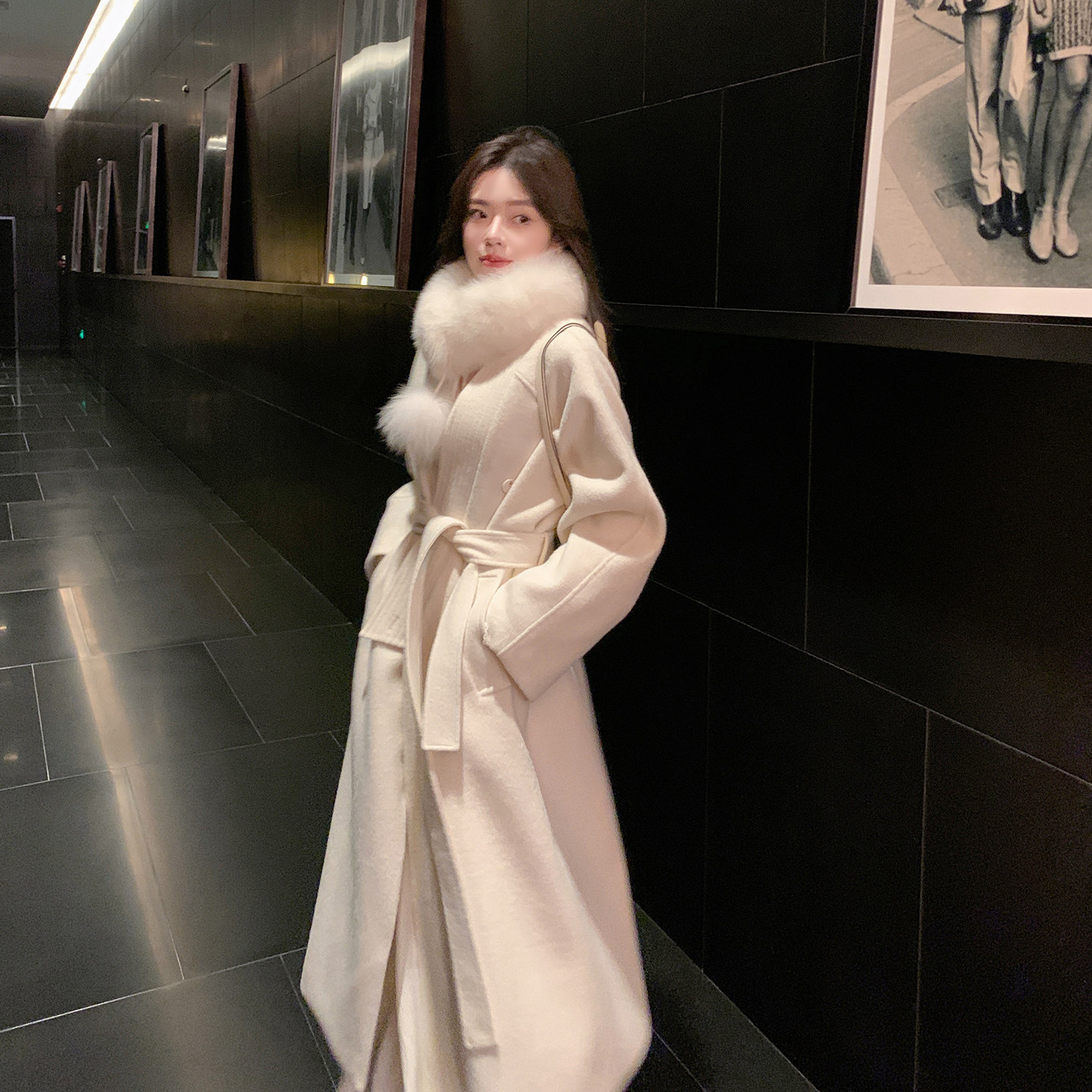 ByYou 冬季狐狸毛围脖白色毛呢大衣女长款高级感加厚毛领呢子外套