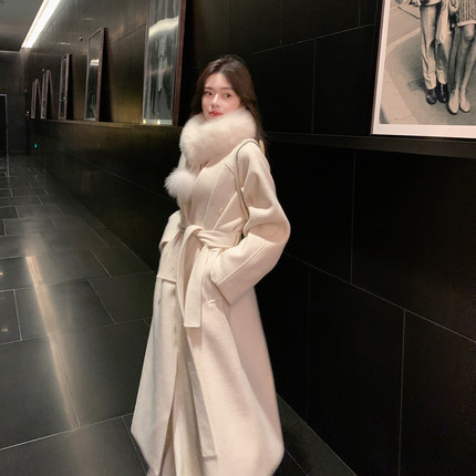 ByYou 冬季狐狸毛围脖白色毛呢大衣女长款高级感加厚毛领呢子外套