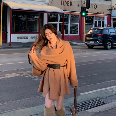 ByYou 冬季新款围巾领羊毛针织开衫大衣女中长款修身收腰加厚外套