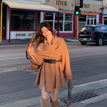 ByYou 冬季新款围巾领羊毛针织开衫大衣女中长款修身收腰加厚外套