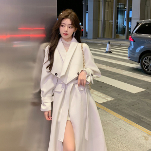 ByYou 2023新款秋冬高级加厚白色毛呢外套女中长款赫本风呢子大衣