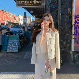 ByYou 冬季白色小香粗花呢羊毛呢外套女羽绒内胆加厚短款呢子大衣