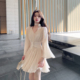 ByYou 百褶雪纺连衣裙气质收腰短裙a字裙 杏白色v领喇叭袖 夏季 新款