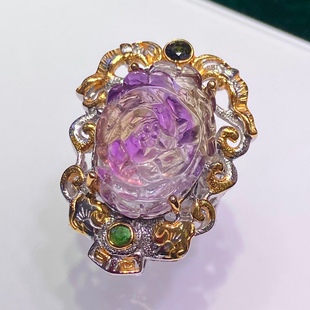 意大利工艺镶嵌紫黄晶牡丹花戒指通体925银雕刻精美细腻色彩丰富