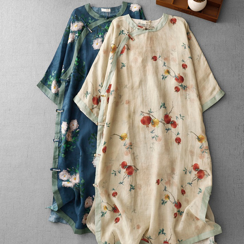新中式亚麻短袖连衣裙女夏季复古国风斜襟盘扣中长款棉麻茶服上衣