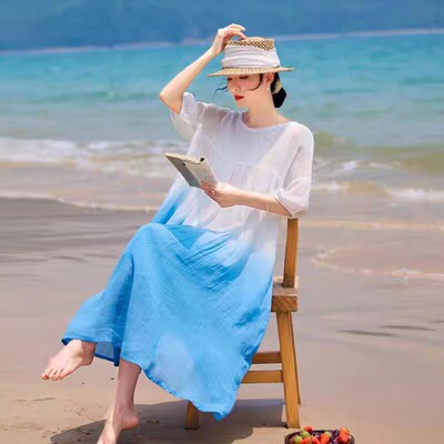 沙滩裙白色袍子苎麻连衣裙渐变色度假旅行长裙拍照超仙