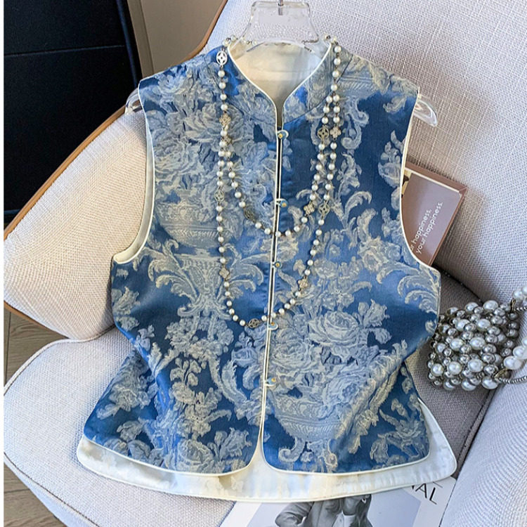实拍新中式重工缎面提花刺绣唐装气质立领盘扣改良汉服马甲背心