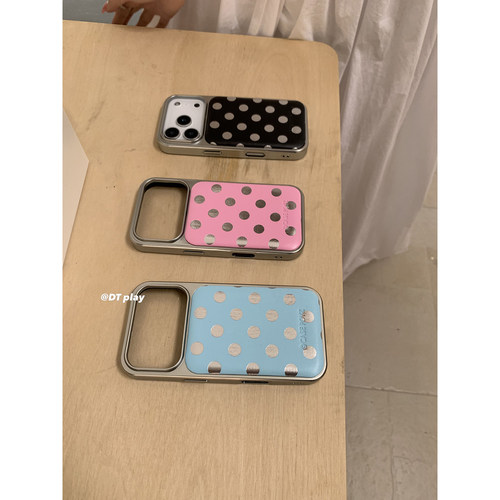 DT play 曼妙粉蓝黑波点银边少女皮质韩国ins博主小众设计适用于iphone17promax/16/15苹果14/13手机壳保护套