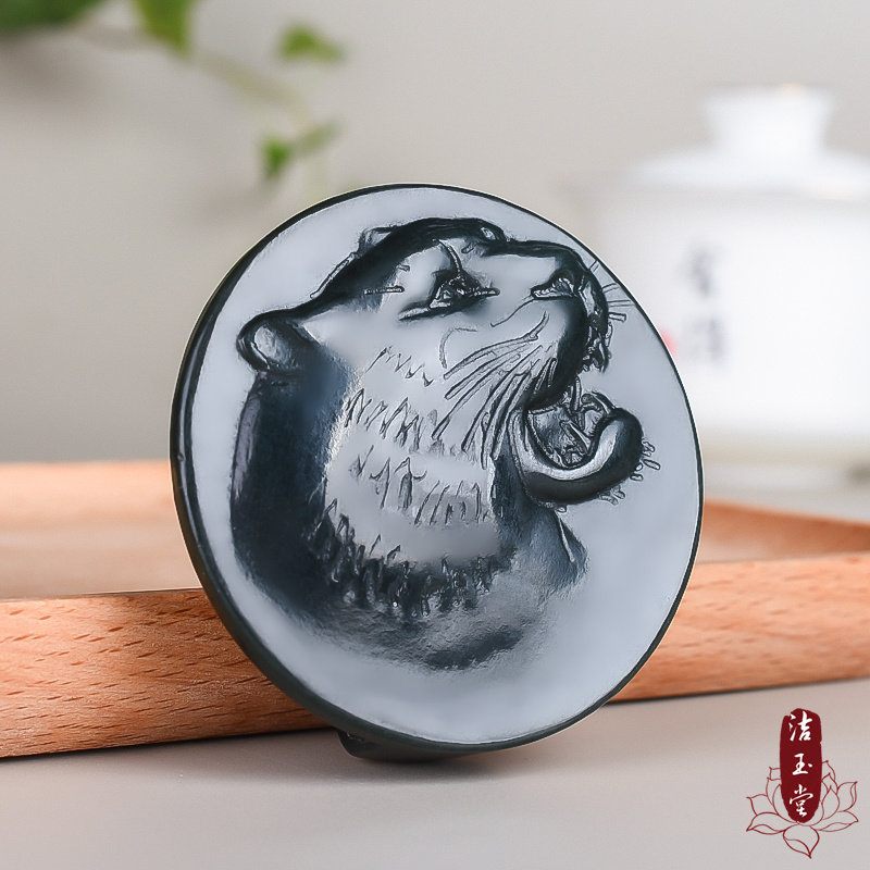 和田玉青玉狼头皮带扣 玉石腰扣男款玉扣玉佩挂件精雕圆形腰带扣