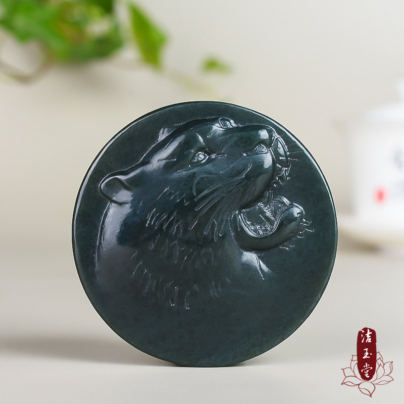 和田玉青玉狼头皮带扣 玉石腰扣男款玉扣玉佩挂件精雕圆形