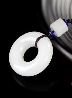 天然新疆白玉金丝玉圆环平安扣吊坠男女情侣款 面包圈挂坠