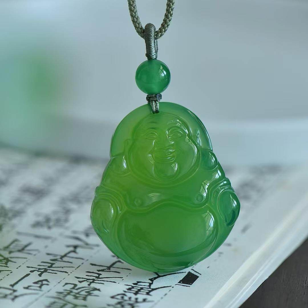 高冰玛瑙佛公吊坠冰种玉髓笑佛帝王绿挂件大肚佛玉石礼品项链饰品