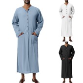 宽松下摆开叉有口袋纯色纯简约家居服薄款 男士 睡袍睡裙纯棉长款