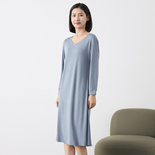 60支兰精莫代尔睡裙女长袖 连衣裙 V领宽松显瘦纯色简约薄款 中长款