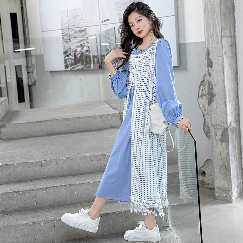 女童夏款连衣裙2025新款洋气儿童长袖衬衫裙流苏镂空背心裙两件套