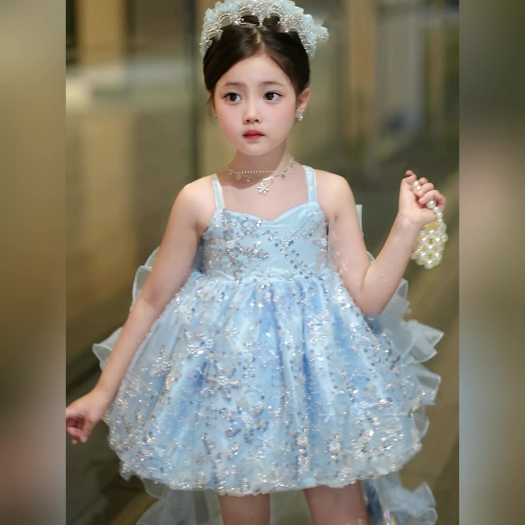女童八音盒生日洛丽塔公主裙女孩蓝色拖尾礼服连衣裙吊带蓬蓬裙