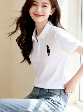 夏季纯棉翻领polo衫女装 白色显瘦短袖t恤休闲POLO领定制logo上衣
