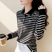 2026新款 显瘦上衣 条纹带领纯棉正肩polo衫 春秋翻领长袖 翻领T恤女
