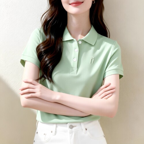 纯棉修身POLO领刺绣短袖T恤女