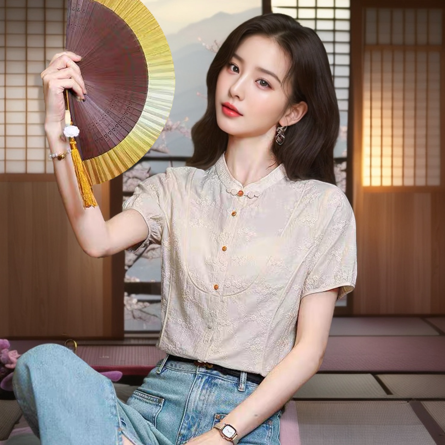 新中式黑色刺绣衬衫女短袖夏季2024畅销热卖气质修身显瘦短款上衣