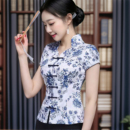 上衣青花瓷中国风复古时尚 修身 显瘦旗袍领短袖 女装 夏季 唐装 改良版