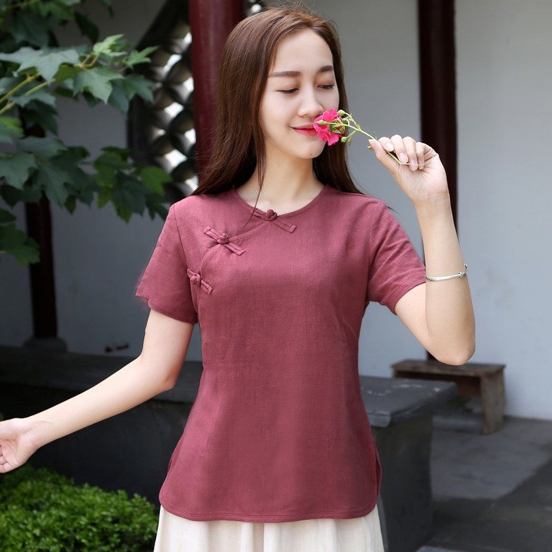 复古盘扣上衣棉麻改良旗袍短袖