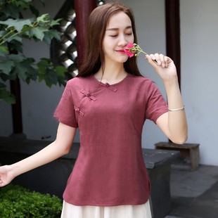 复古盘扣上衣棉麻改良旗袍短袖唐装女夏茶服中国风中式衬衫斜襟