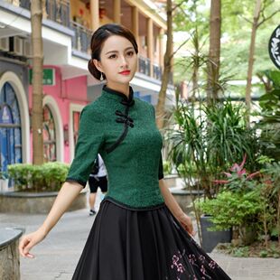 中式改良版旗袍上衣短款表演服妈妈装民族风茶艺服盘扣复古唐装女