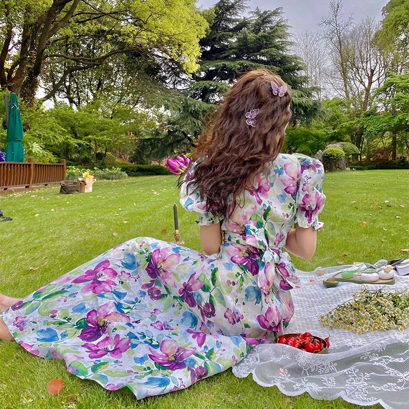 REVE高定天丝亚麻紫槿花法式气质抗皱长裙琥珀扣泡泡袖A字连衣裙